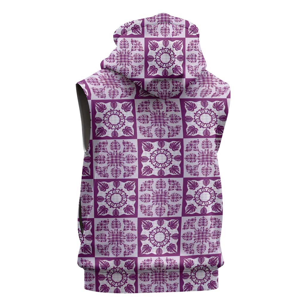 Poni Palaka Quilt Hawaii Sleeveless Zip Hoodie Hawaiian Tropical Monstera Sea Turtle