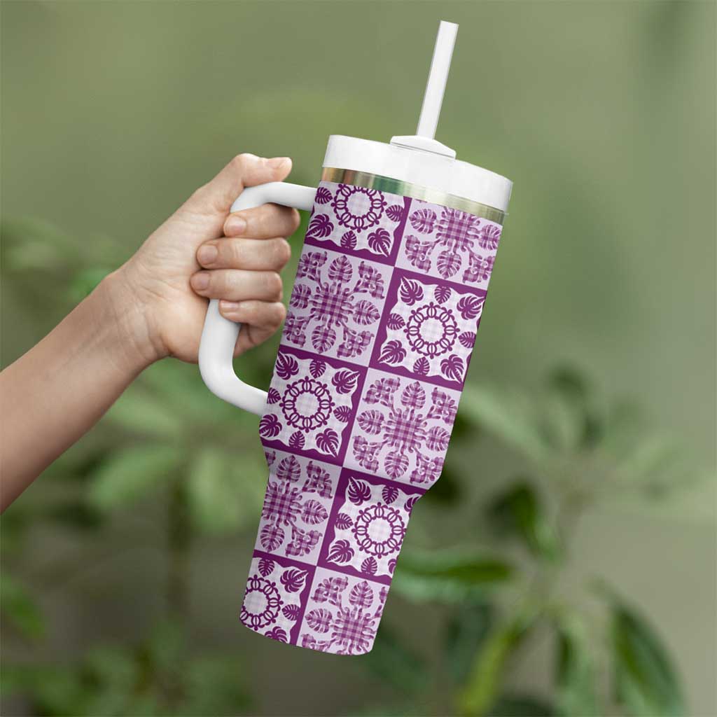 Poni Palaka Quilt Hawaii Tumbler With Handle Hawaiian Tropical Monstera Sea Turtle