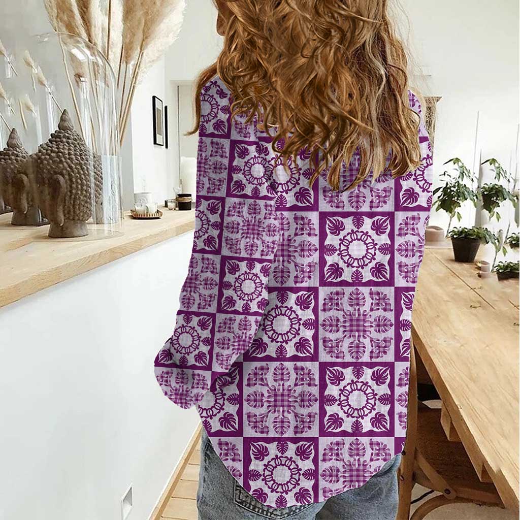 Poni Palaka Quilt Hawaii Women Casual Shirt Hawaiian Tropical Monstera Sea Turtle