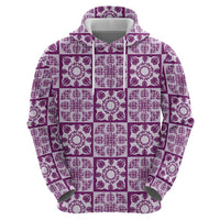 Poni Palaka Quilt Hawaii Zip Hoodie Hawaiian Tropical Monstera Sea Turtle