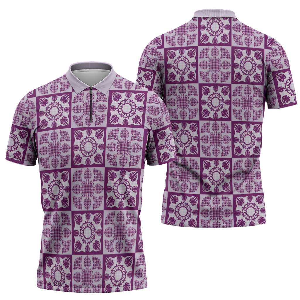 Poni Palaka Quilt Hawaii Zipper Polo Shirt Hawaiian Tropical Monstera Sea Turtle