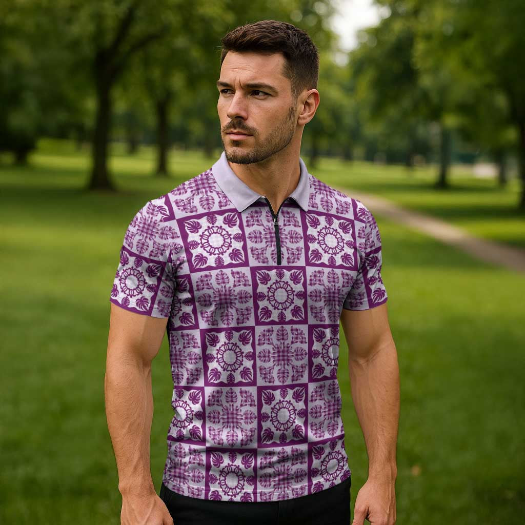 Poni Palaka Quilt Hawaii Zipper Polo Shirt Hawaiian Tropical Monstera Sea Turtle