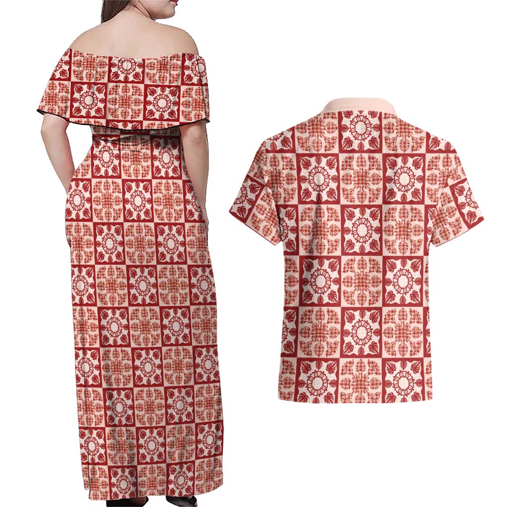 Ulaula Palaka Quilt Hawaii Couples Matching Off Shoulder Maxi Dress and Hawaiian Shirt Hawaiian Tropical Monstera Sea Turtle LT14 - Polynesian Pride
