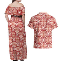 Ulaula Palaka Quilt Hawaii Couples Matching Off Shoulder Maxi Dress and Hawaiian Shirt Hawaiian Tropical Monstera Sea Turtle LT14 - Polynesian Pride