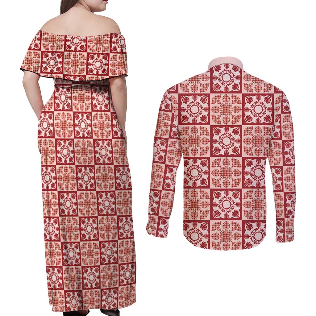 Ulaula Palaka Quilt Hawaii Couples Matching Off Shoulder Maxi Dress and Long Sleeve Button Shirt Hawaiian Tropical Monstera Sea Turtle