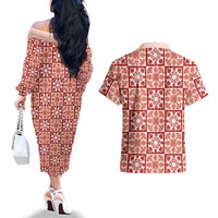 Ulaula Palaka Quilt Hawaii Couples Matching Off The Shoulder Long Sleeve Dress and Hawaiian Shirt Hawaiian Tropical Monstera Sea Turtle LT14 - Polynesian Pride