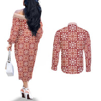 Ulaula Palaka Quilt Hawaii Couples Matching Off The Shoulder Long Sleeve Dress and Long Sleeve Button Shirt Hawaiian Tropical Monstera Sea Turtle LT14 - Polynesian Pride