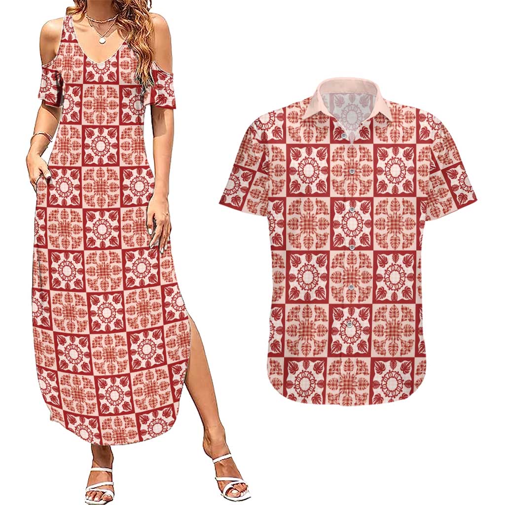 Ulaula Palaka Quilt Hawaii Couples Matching Summer Maxi Dress and Hawaiian Shirt Hawaiian Tropical Monstera Sea Turtle LT14 Red - Polynesian Pride