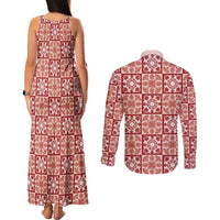 Ulaula Palaka Quilt Hawaii Couples Matching Tank Maxi Dress and Long Sleeve Button Shirt Hawaiian Tropical Monstera Sea Turtle