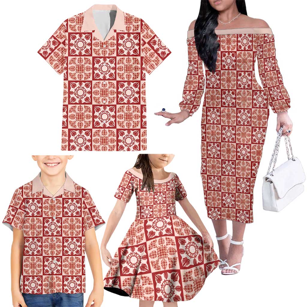 Ulaula Palaka Quilt Hawaii Family Matching Off The Shoulder Long Sleeve Dress and Hawaiian Shirt Hawaiian Tropical Monstera Sea Turtle LT14 - Polynesian Pride