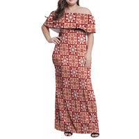 Ulaula Palaka Quilt Hawaii Family Matching Off Shoulder Maxi Dress and Hawaiian Shirt Hawaiian Tropical Monstera Sea Turtle LT14 Mom's Dress Red - Polynesian Pride