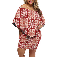 Ulaula Palaka Quilt Hawaii Family Matching Off Shoulder Short Dress and Hawaiian Shirt Hawaiian Tropical Monstera Sea Turtle LT14 Mom's Dress Red - Polynesian Pride