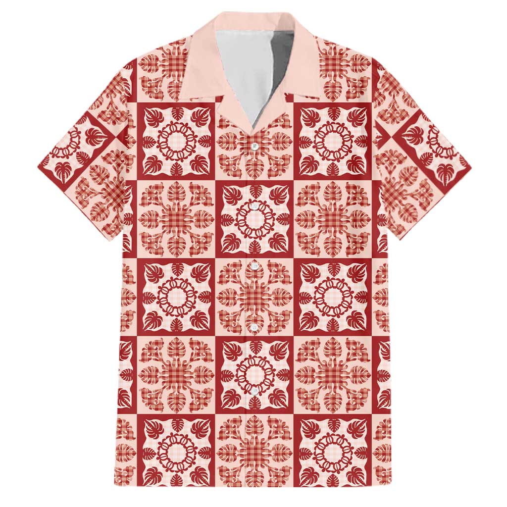Ulaula Palaka Quilt Hawaii Family Matching Tank Maxi Dress and Hawaiian Shirt Hawaiian Tropical Monstera Sea Turtle LT14 Dad's Shirt - Short Sleeve Red - Polynesian Pride