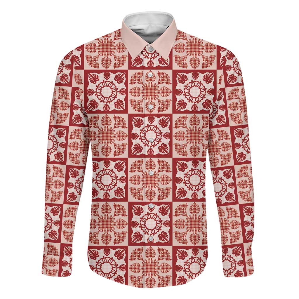 Ulaula Palaka Quilt Hawaii Family Matching Tank Maxi Dress and Hawaiian Shirt Hawaiian Tropical Monstera Sea Turtle LT14 Dad's Shirt - Long Sleeve Red - Polynesian Pride