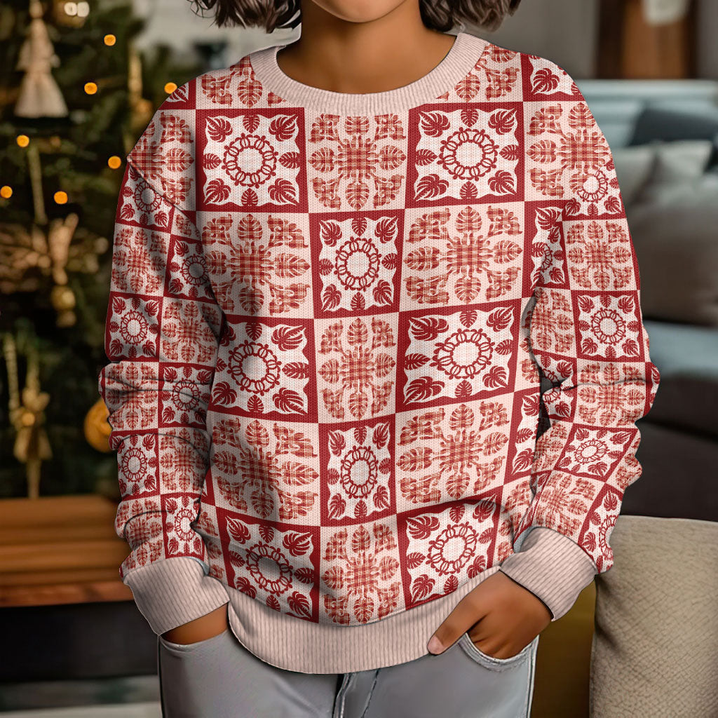 Ulaula Palaka Quilt Hawaii Kid Ugly Christmas Sweater Hawaiian Tropical Monstera Sea Turtle