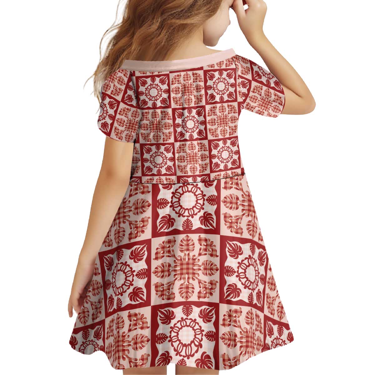 Ulaula Palaka Quilt Hawaii Kid Short Sleeve Dress Hawaiian Tropical Monstera Sea Turtle