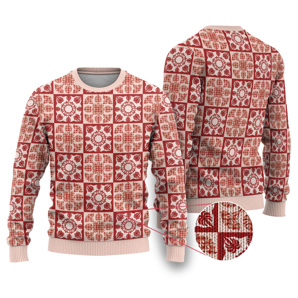 Ulaula Palaka Quilt Hawaii Ugly Christmas Sweater Hawaiian Tropical Monstera Sea Turtle