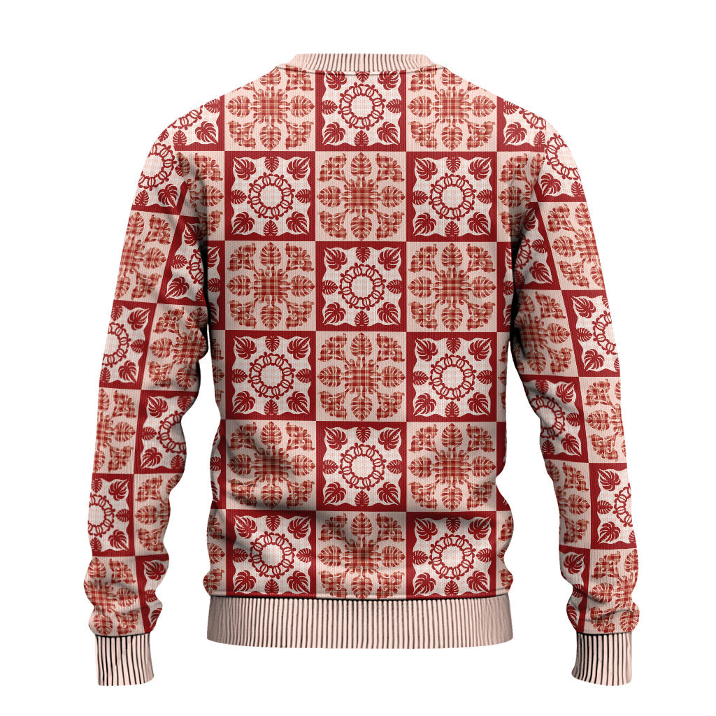 Ulaula Palaka Quilt Hawaii Ugly Christmas Sweater Hawaiian Tropical Monstera Sea Turtle