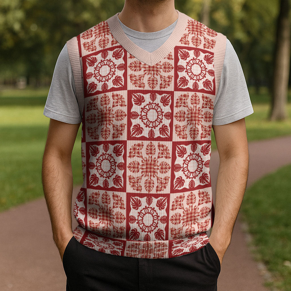 Ulaula Palaka Quilt Hawaii Christmas Knitted V-Neck Vest Hawaiian Tropical Monstera Sea Turtle