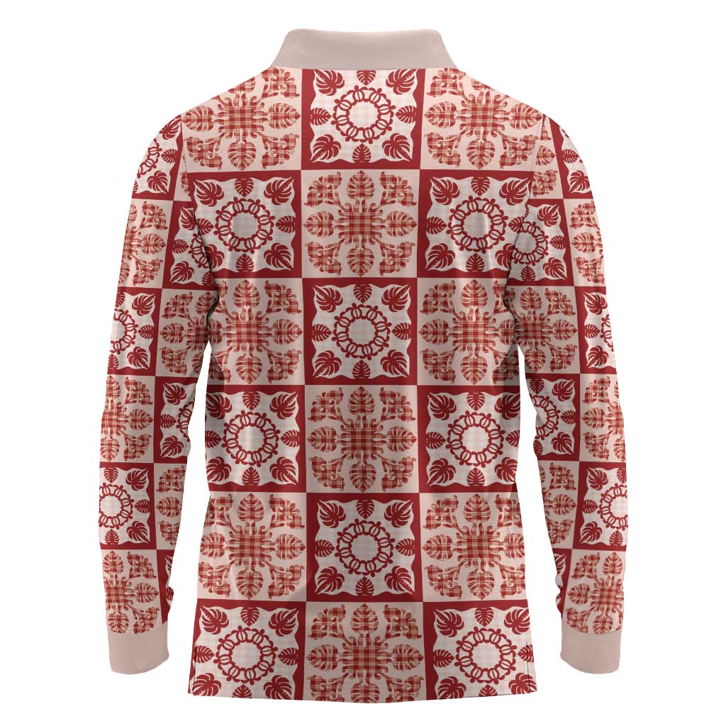 Ulaula Palaka Quilt Hawaii Long Sleeve Polo Shirt Hawaiian Tropical Monstera Sea Turtle