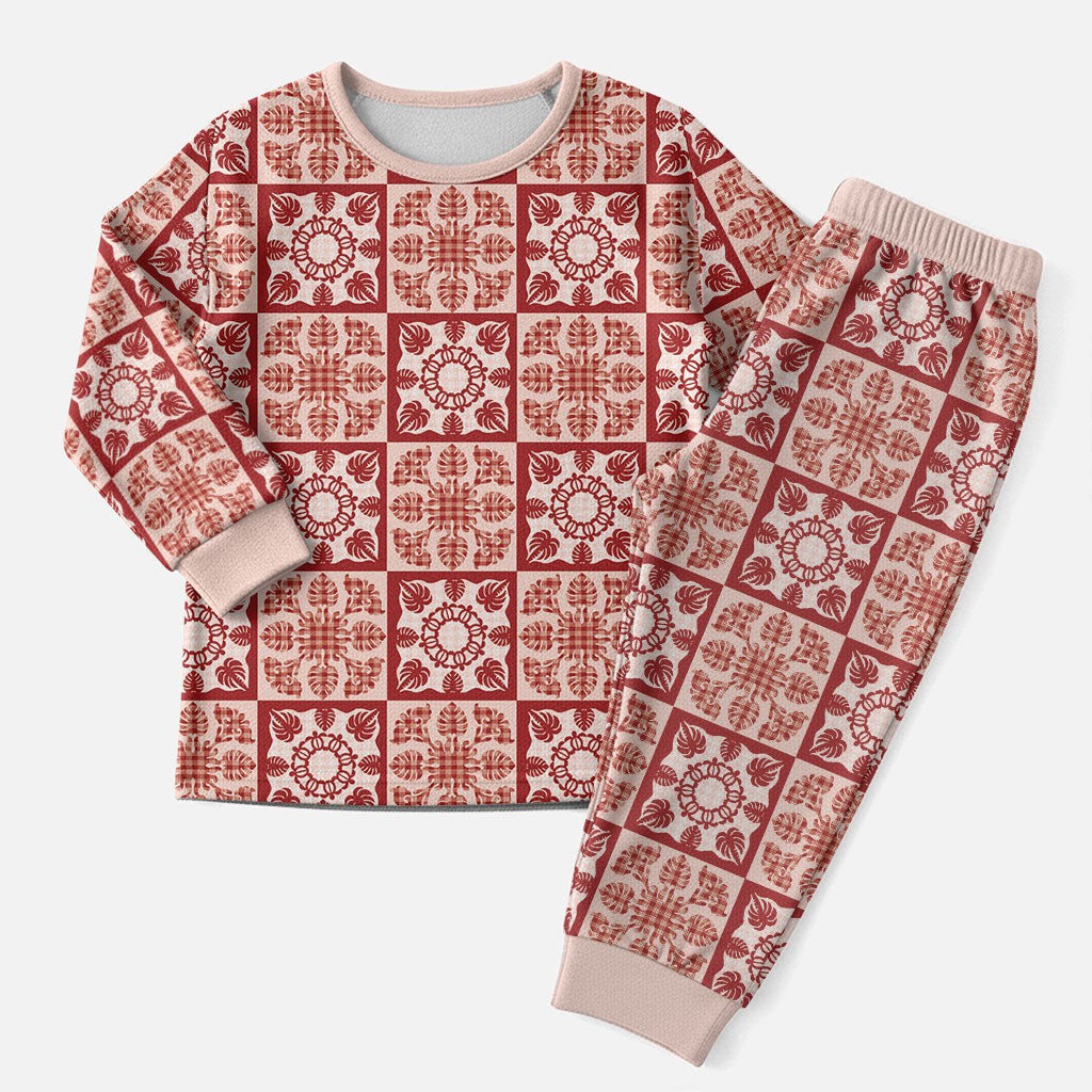 Ulaula Palaka Quilt Hawaii Christmas Pajama Set Hawaiian Tropical Monstera Sea Turtle