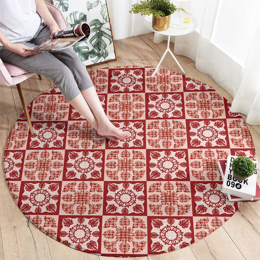 Ulaula Palaka Quilt Hawaii Round Carpet Hawaiian Tropical Monstera Sea Turtle