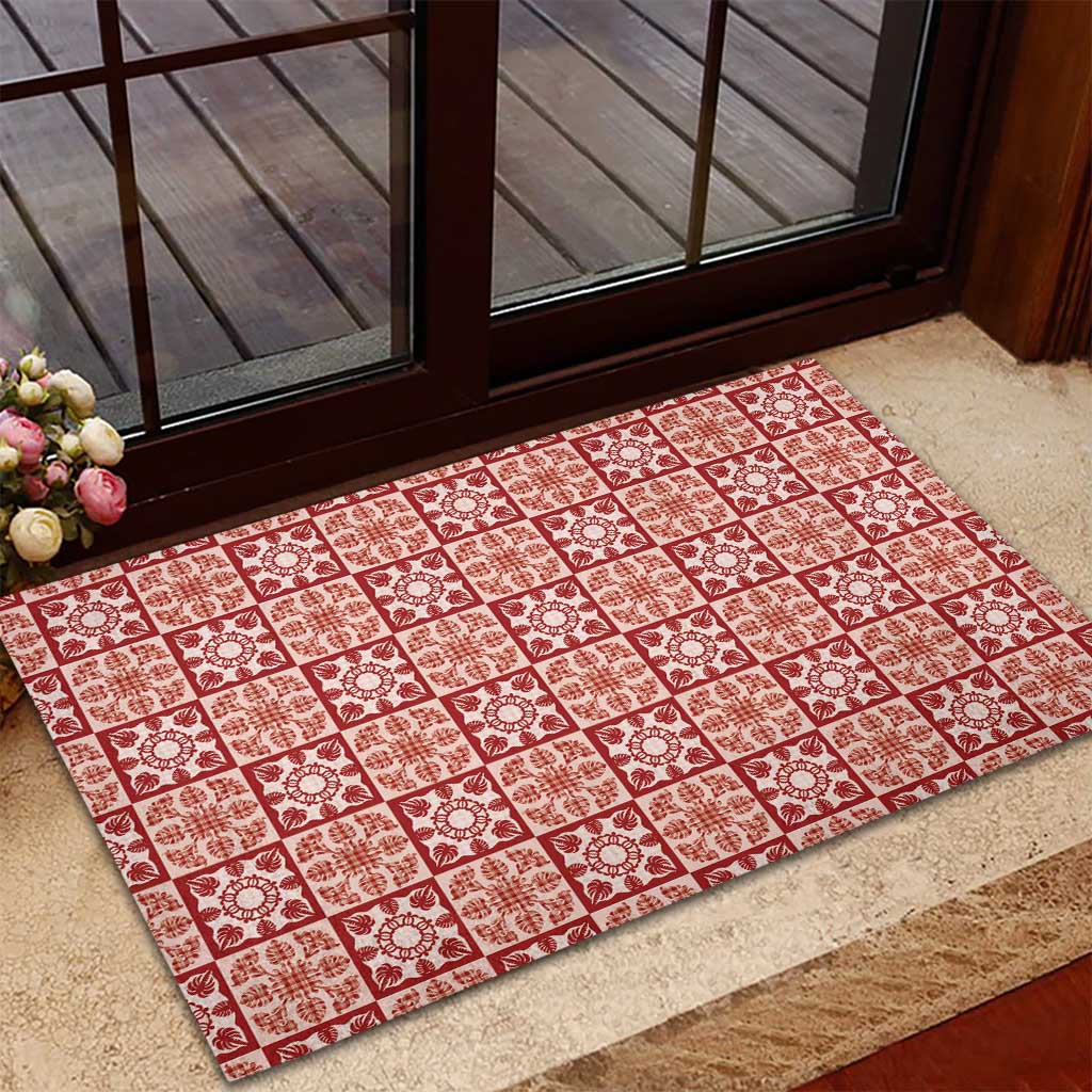 Ulaula Palaka Quilt Hawaii Rubber Doormat Hawaiian Tropical Monstera Sea Turtle