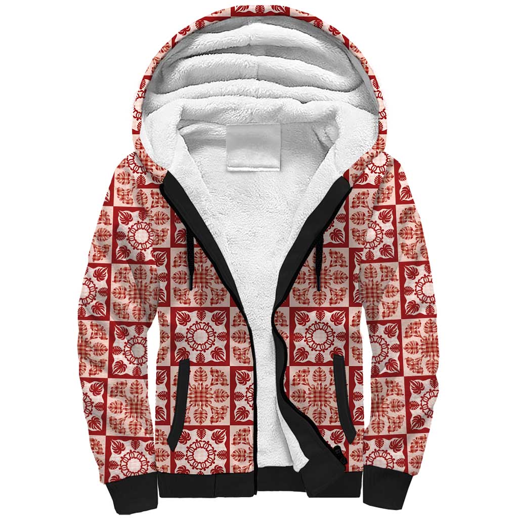 Ulaula Palaka Quilt Hawaii Sherpa Hoodie Hawaiian Tropical Monstera Sea Turtle
