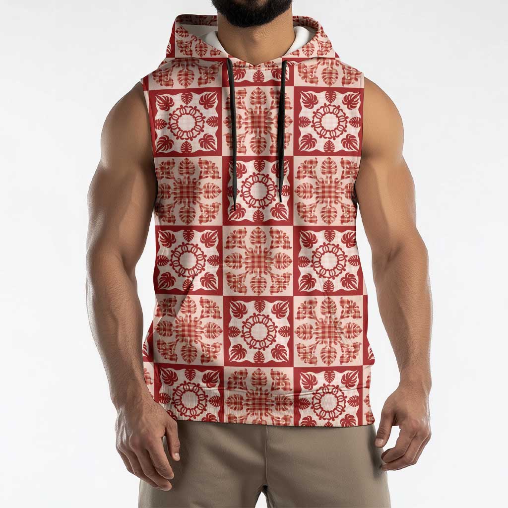 Ulaula Palaka Quilt Hawaii Sleeveless Hoodie Hawaiian Tropical Monstera Sea Turtle