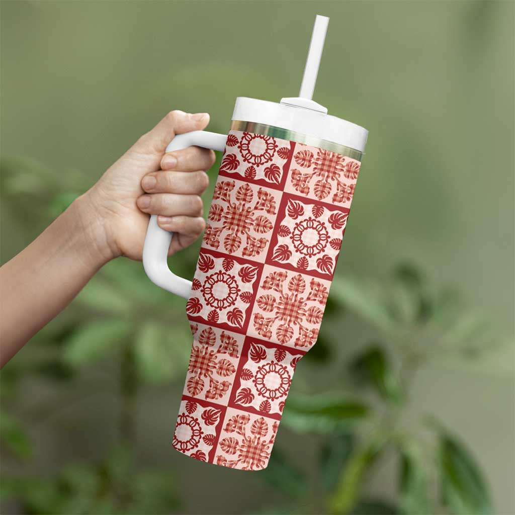 Ulaula Palaka Quilt Hawaii Tumbler With Handle Hawaiian Tropical Monstera Sea Turtle