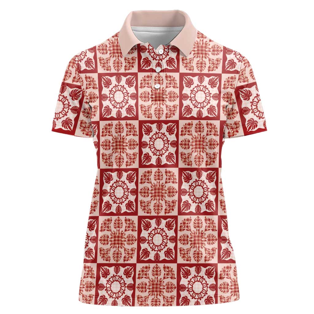 Ulaula Palaka Quilt Hawaii Women Polo Shirt Hawaiian Tropical Monstera Sea Turtle