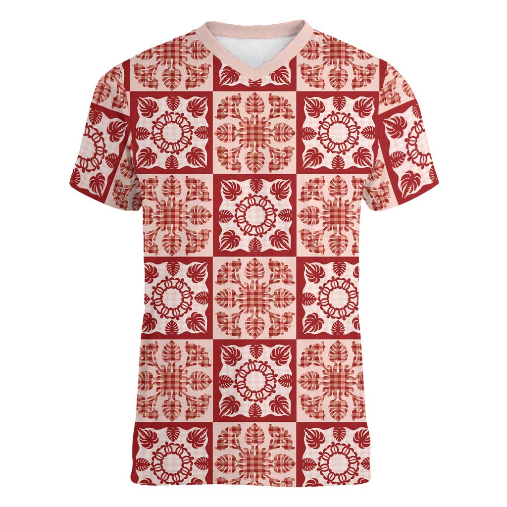 Ulaula Palaka Quilt Hawaii Women V-Neck T-Shirt Hawaiian Tropical Monstera Sea Turtle