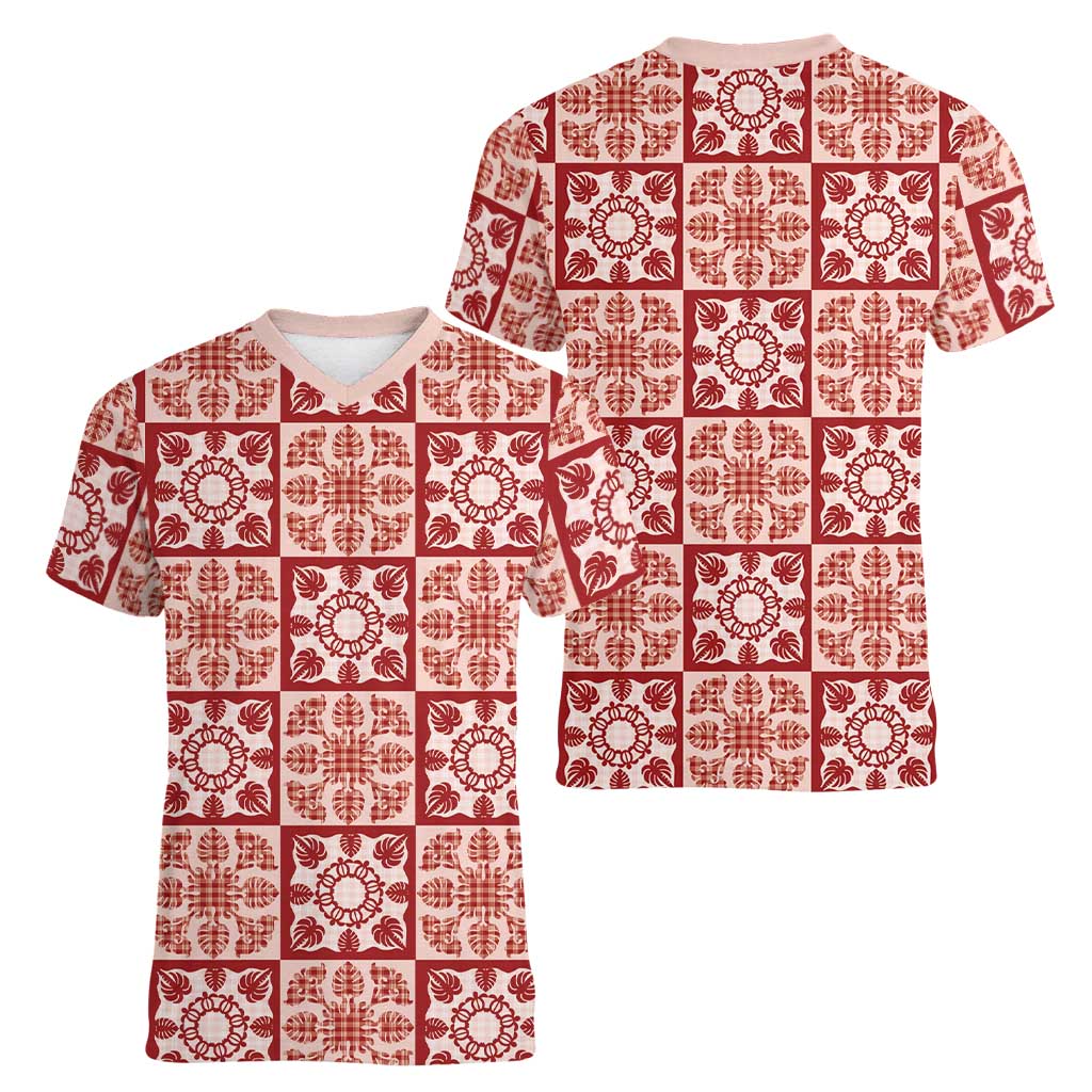 Ulaula Palaka Quilt Hawaii Women V-Neck T-Shirt Hawaiian Tropical Monstera Sea Turtle