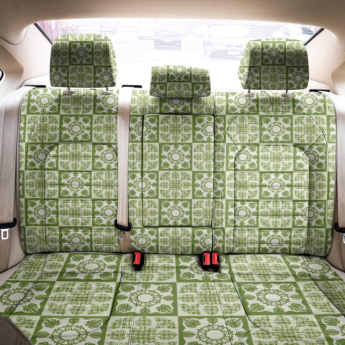 Omaomao Palaka Quilt Hawaii Back Car Seat Cover Hawaiian Tropical Monstera Sea Turtle