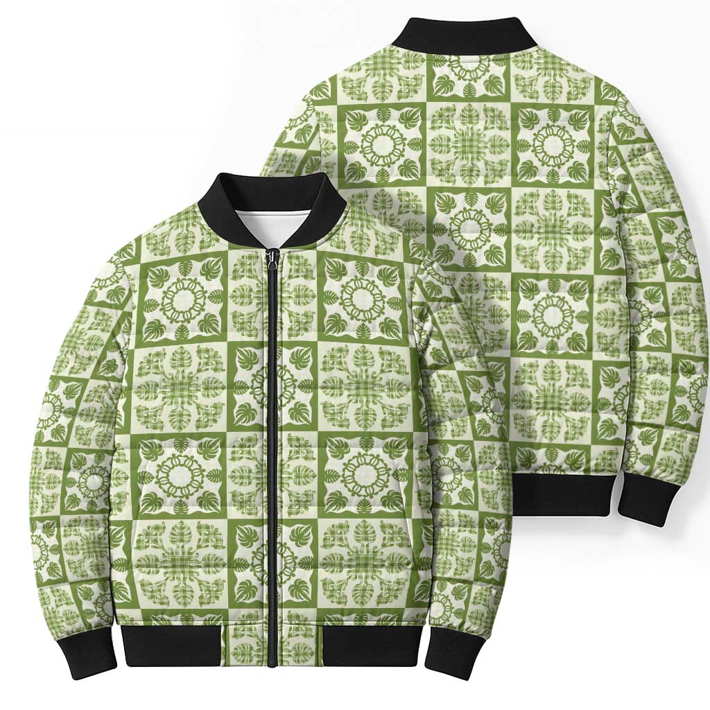 Omaomao Palaka Quilt Hawaii Bomber Puffer Jacket Hawaiian Tropical Monstera Sea Turtle
