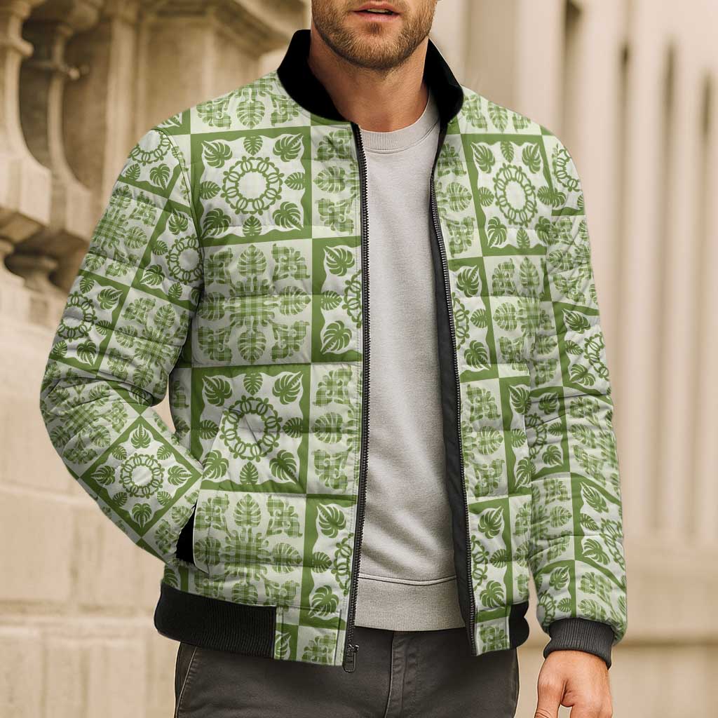 Omaomao Palaka Quilt Hawaii Bomber Puffer Jacket Hawaiian Tropical Monstera Sea Turtle