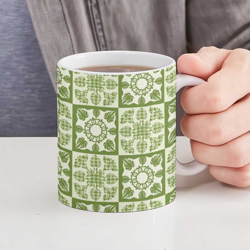 Omaomao Palaka Quilt Hawaii Ceramic Mug Hawaiian Tropical Monstera Sea Turtle
