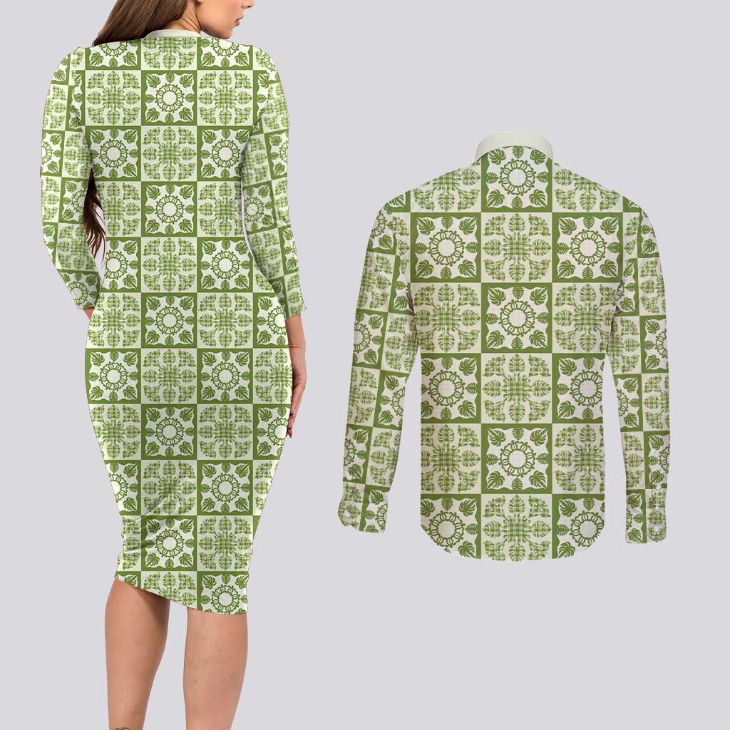 Omaomao Palaka Quilt Hawaii Couples Matching Long Sleeve Bodycon Dress and Long Sleeve Button Shirt Hawaiian Tropical Monstera Sea Turtle LT14 - Polynesian Pride