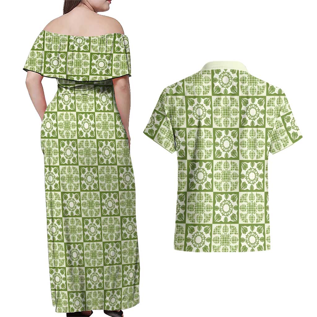 Omaomao Palaka Quilt Hawaii Couples Matching Off Shoulder Maxi Dress and Hawaiian Shirt Hawaiian Tropical Monstera Sea Turtle LT14 - Polynesian Pride