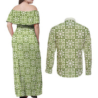 Omaomao Palaka Quilt Hawaii Couples Matching Off Shoulder Maxi Dress and Long Sleeve Button Shirt Hawaiian Tropical Monstera Sea Turtle
