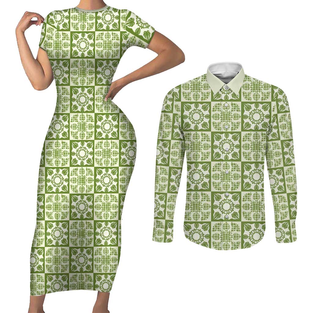Omaomao Palaka Quilt Hawaii Couples Matching Short Sleeve Bodycon Dress and Long Sleeve Button Shirt Hawaiian Tropical Monstera Sea Turtle
