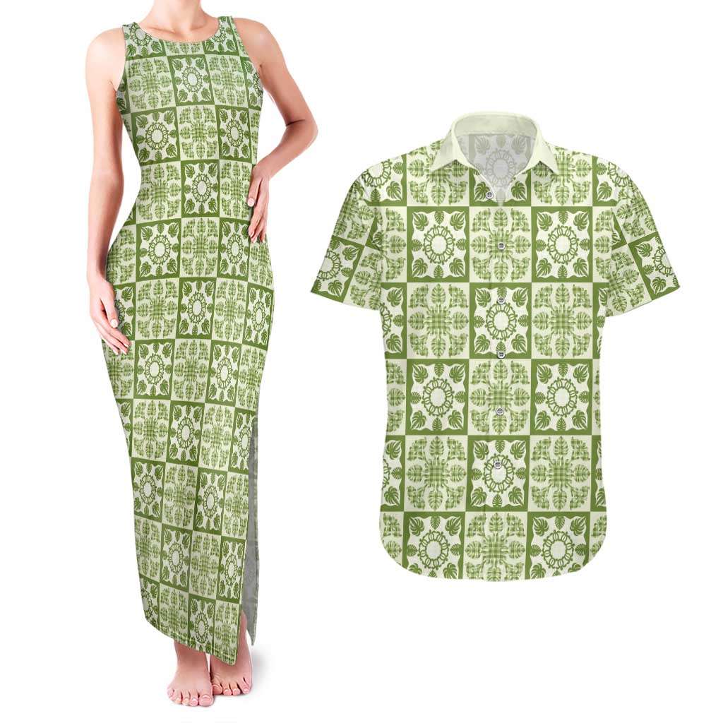 Omaomao Palaka Quilt Hawaii Couples Matching Tank Maxi Dress and Hawaiian Shirt Hawaiian Tropical Monstera Sea Turtle LT14 Green - Polynesian Pride