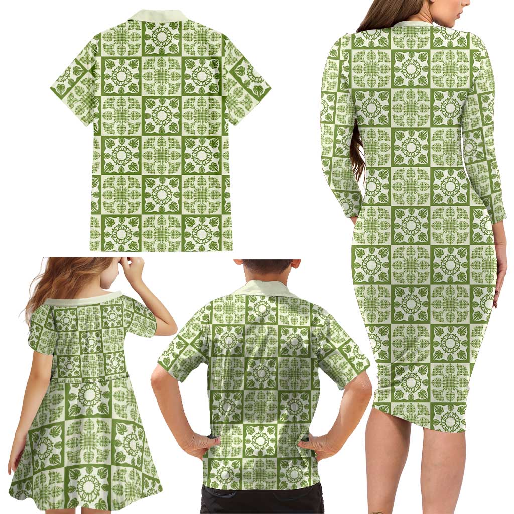 Omaomao Palaka Quilt Hawaii Family Matching Long Sleeve Bodycon Dress and Hawaiian Shirt Hawaiian Tropical Monstera Sea Turtle LT14 - Polynesian Pride
