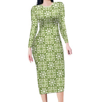 Omaomao Palaka Quilt Hawaii Family Matching Long Sleeve Bodycon Dress and Hawaiian Shirt Hawaiian Tropical Monstera Sea Turtle LT14 Mom's Dress Green - Polynesian Pride