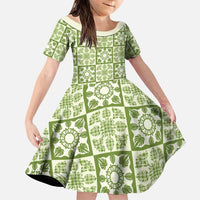 Omaomao Palaka Quilt Hawaii Family Matching Mermaid Dress and Hawaiian Shirt Hawaiian Tropical Monstera Sea Turtle LT14 Daughter's Dress Green - Polynesian Pride