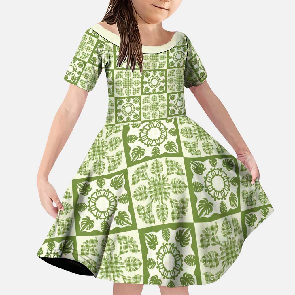 Omaomao Palaka Quilt Hawaii Family Matching Short Sleeve Bodycon Dress and Hawaiian Shirt Hawaiian Tropical Monstera Sea Turtle LT14 Daughter's Dress Green - Polynesian Pride