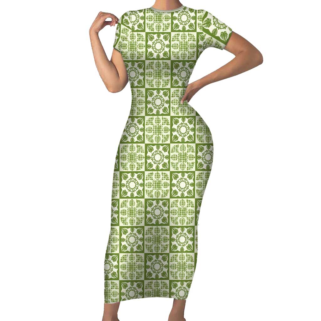 Omaomao Palaka Quilt Hawaii Family Matching Short Sleeve Bodycon Dress and Hawaiian Shirt Hawaiian Tropical Monstera Sea Turtle LT14 Mom's Dress Green - Polynesian Pride