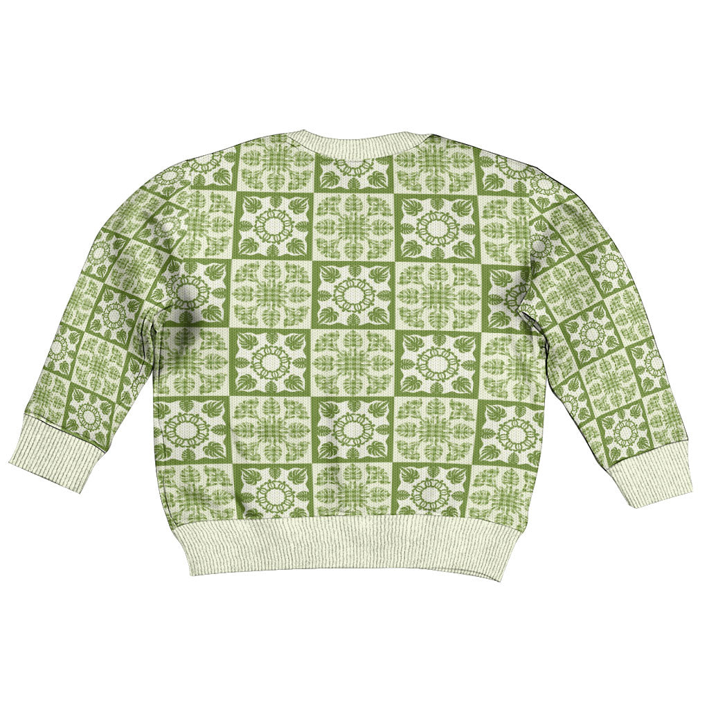 Omaomao Palaka Quilt Hawaii Kid Ugly Christmas Sweater Hawaiian Tropical Monstera Sea Turtle