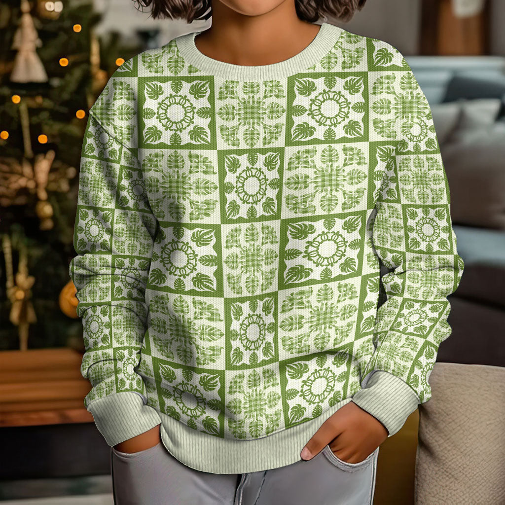 Omaomao Palaka Quilt Hawaii Kid Ugly Christmas Sweater Hawaiian Tropical Monstera Sea Turtle