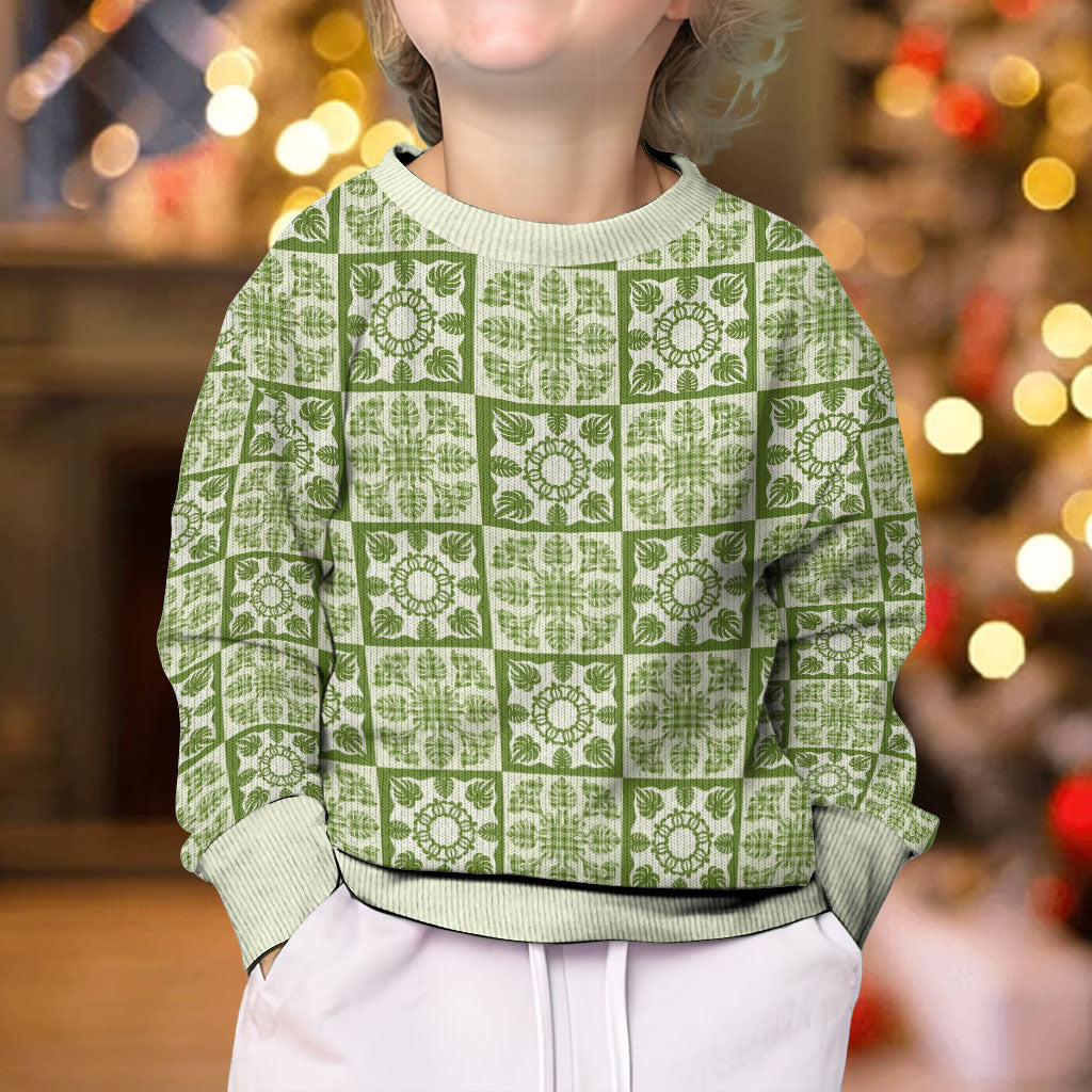 Omaomao Palaka Quilt Hawaii Kid Ugly Christmas Sweater Hawaiian Tropical Monstera Sea Turtle